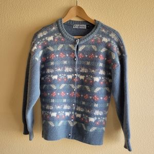 Vintage Spring Creek Angora Sweater Fair isle Blue Sheep Flower Cardigan Size M